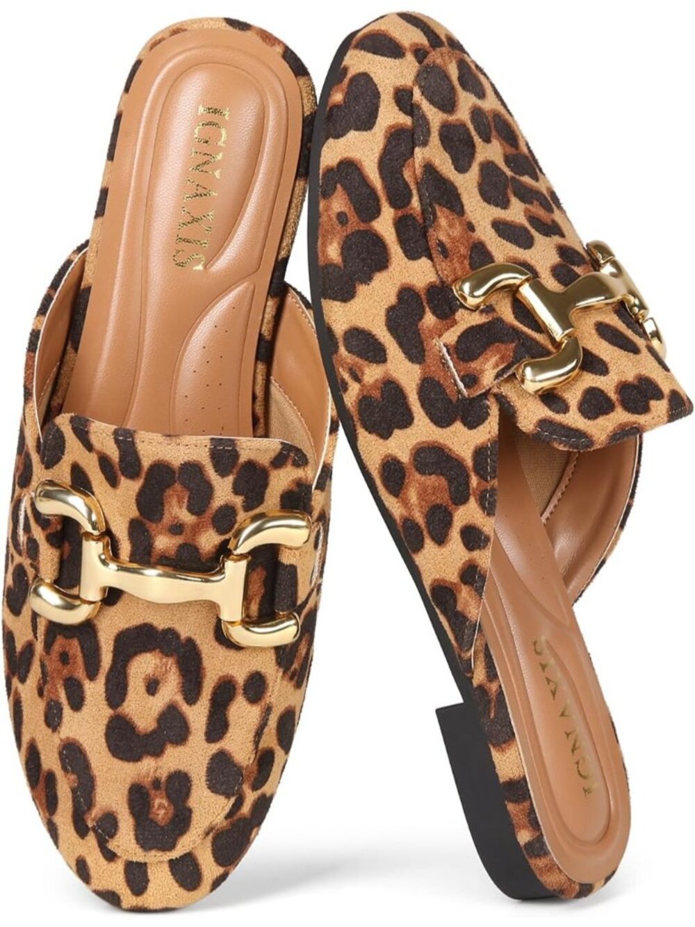 Women's Leopard Leather Flats Round Toe Mules Buckle Slip on Backless Loafer